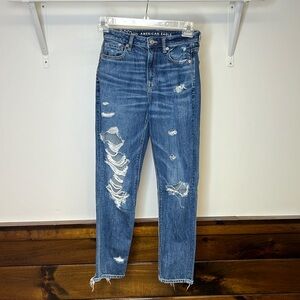 AEO Distressed Floral Embroidered Mom Jeans- 2